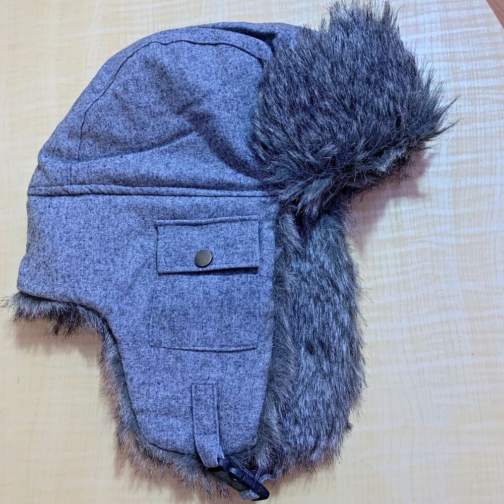 Trapper Aviator Ear-Flaps Hat Boys Big Kids Gray Pocket Faux-Fur Winter Russian